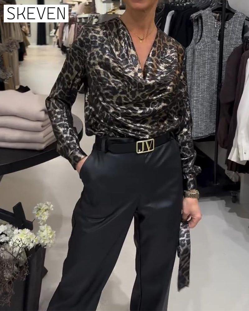 Stylish Leopard Print Shirt With Draped Collar