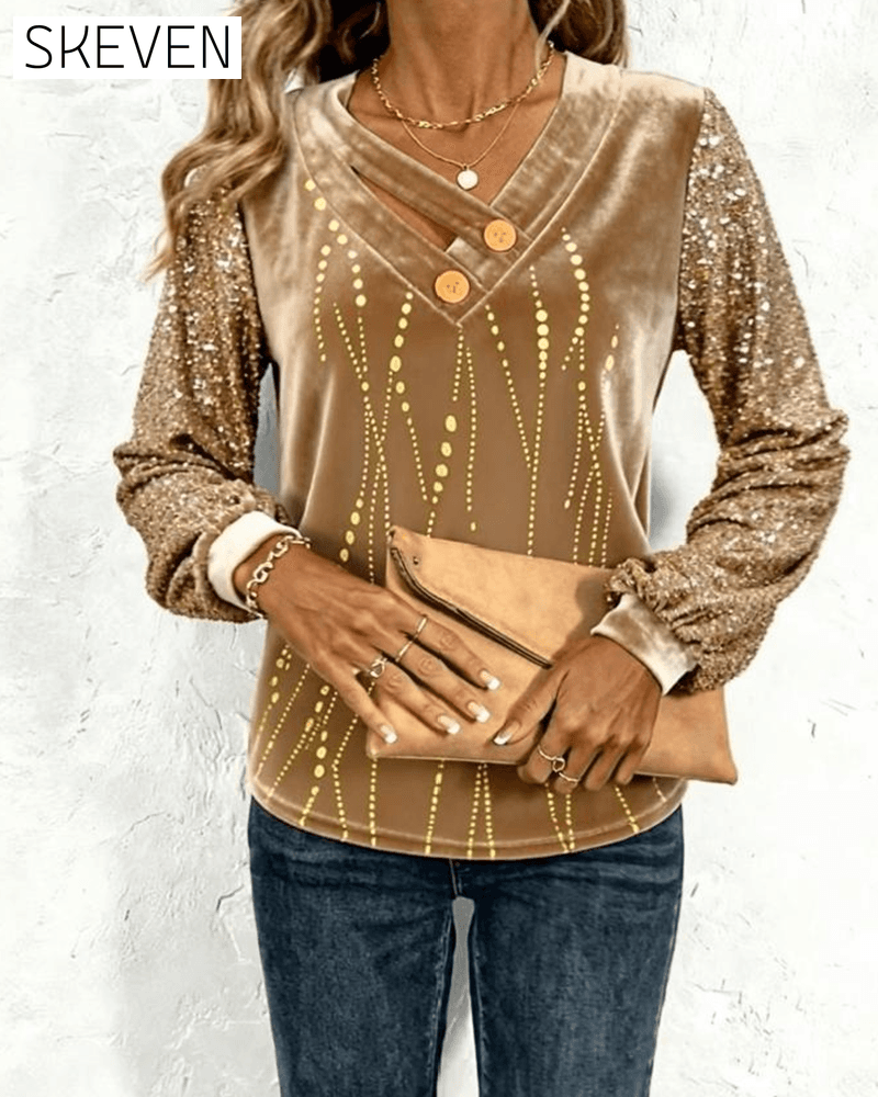 V-Neck Sequined Velvet Patchwork Top