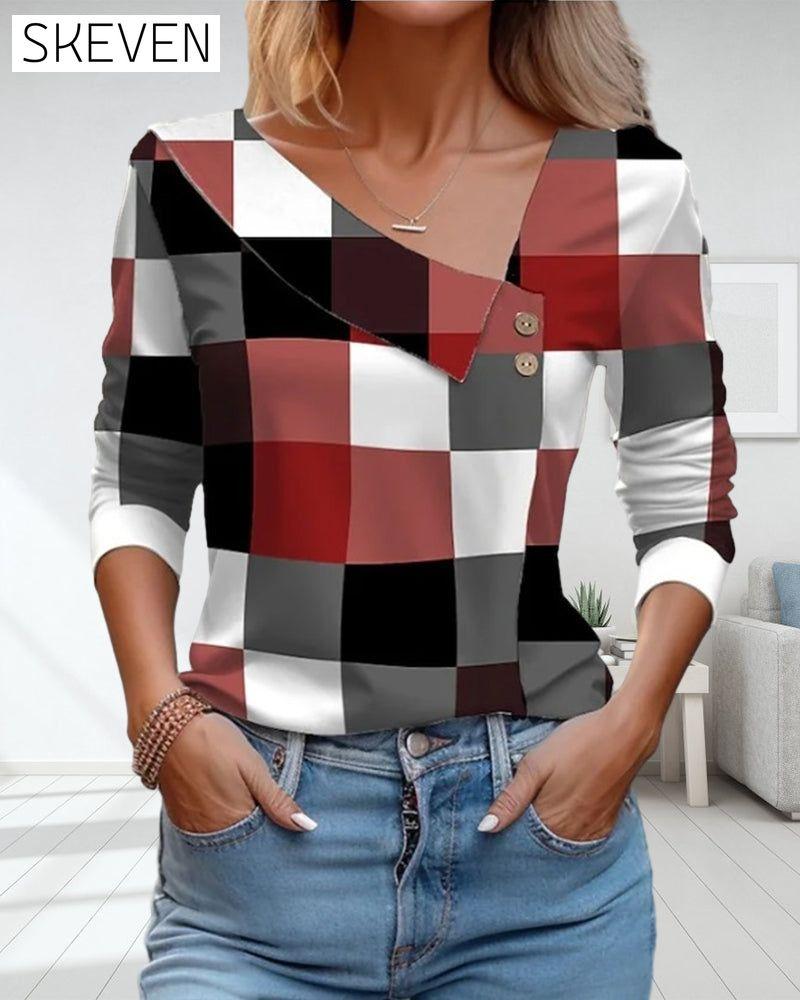 V Neck Plaid Top with Buttons