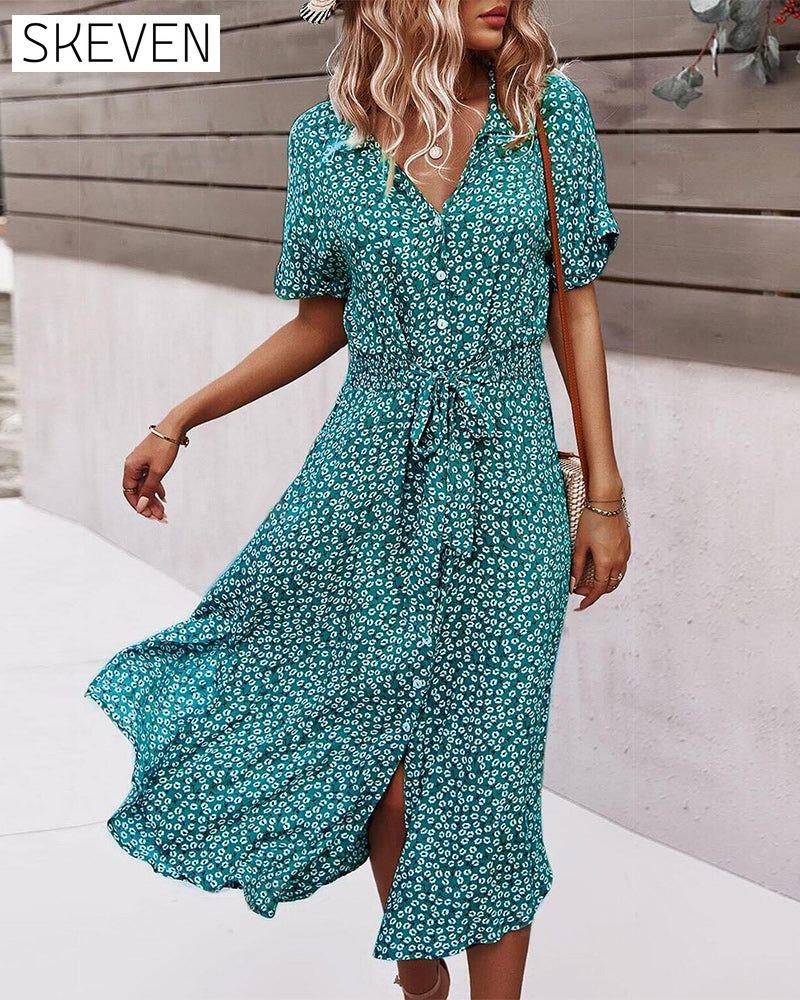 Short-sleeved waisted floral dress
