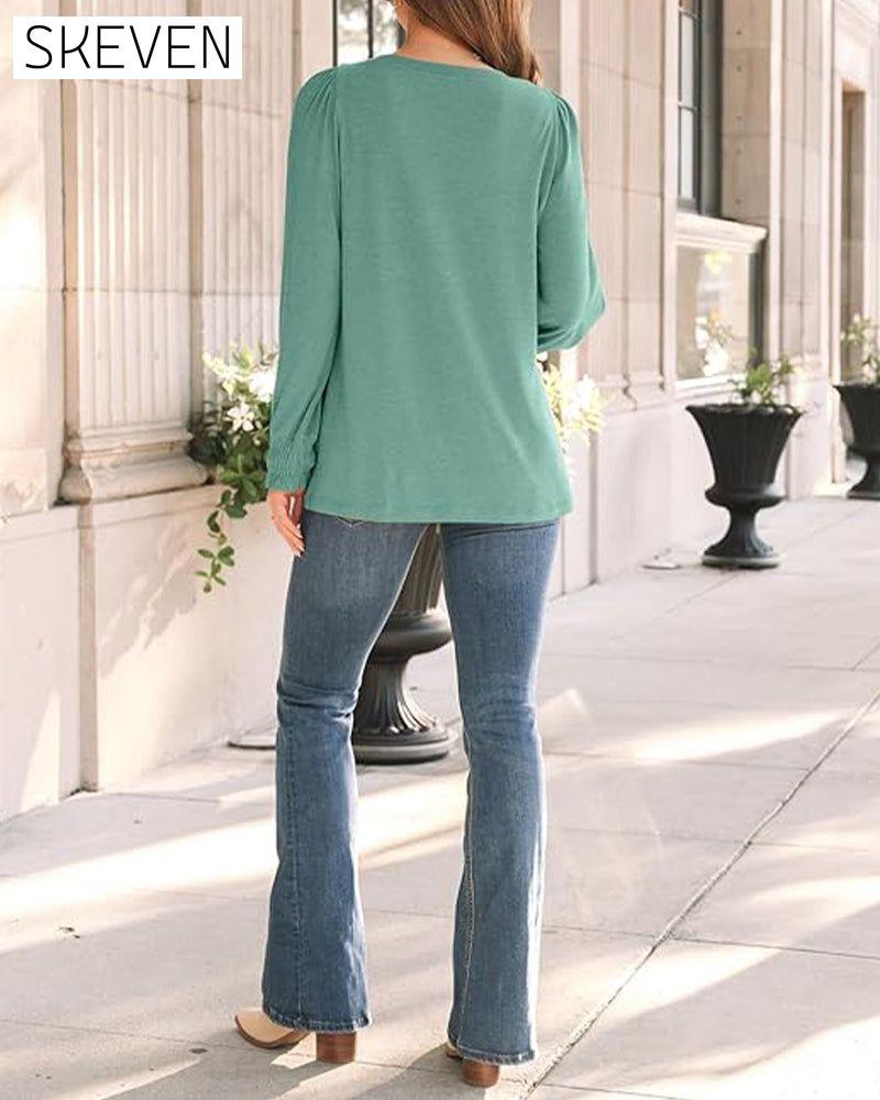 Balloon Sleeve Crewneck Pleated Top