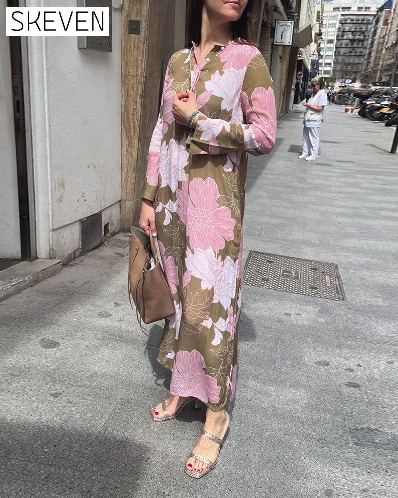 Casual floral print long sleeve slit maxi dress