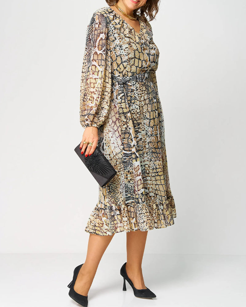 Flounce-Collar Lantern-Sleeve Printed Dress