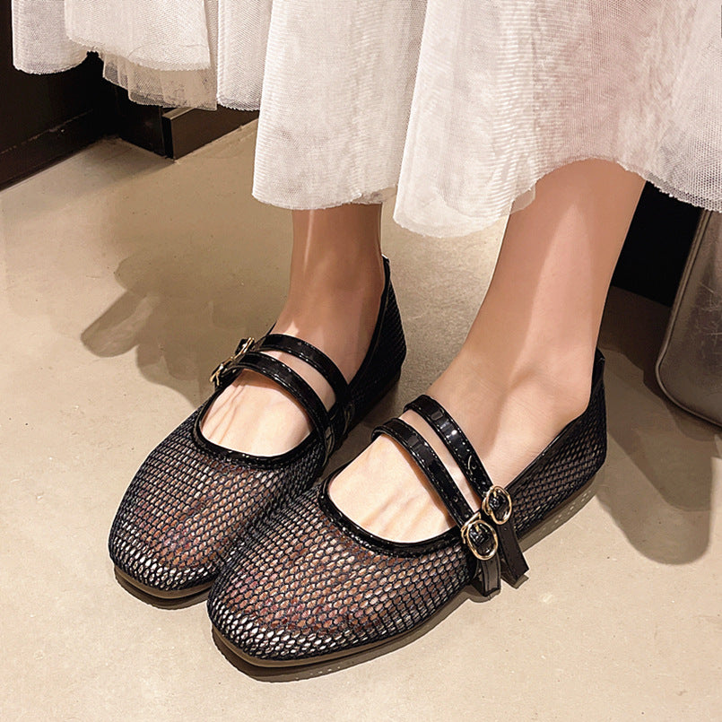 Mary Jane Round-toe Peep-toe Flat-heeled Buckle Sandals