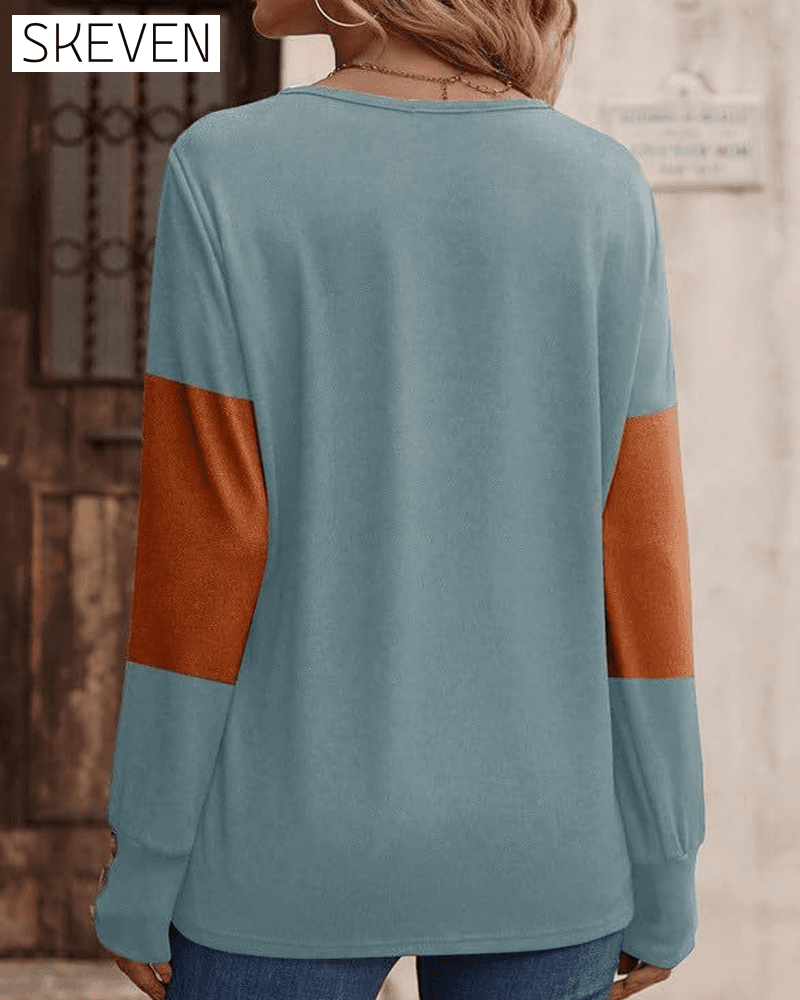 Women's Colorblock Print Button Decor Drop Shoulder Tee
