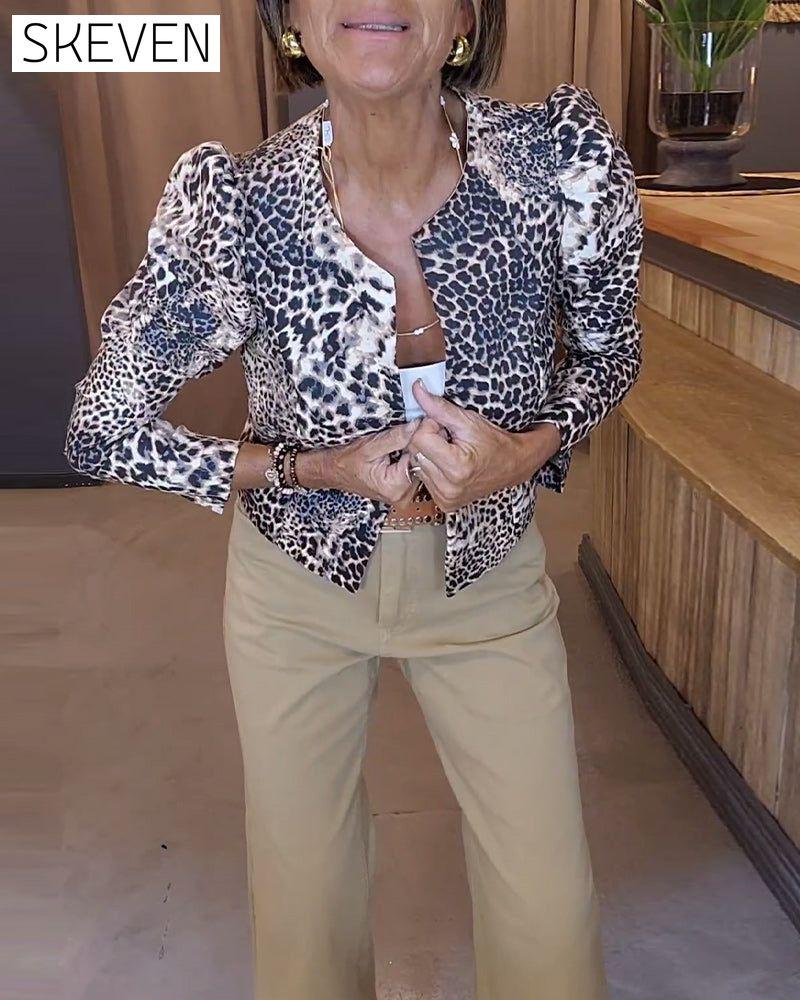 Leopard print puff sleeve casual jacket