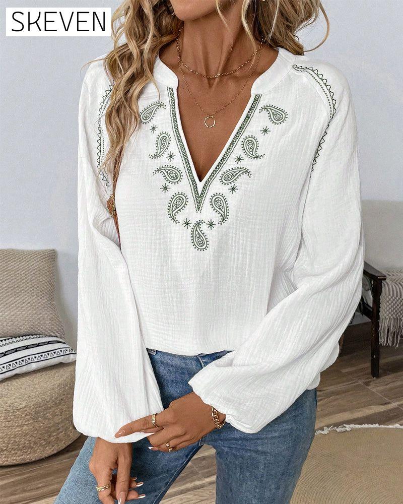 V-Neck Long-Sleeved Printed Casual Blouse