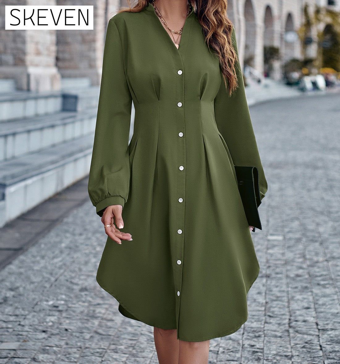 Notched Neck Long Sleeve Dress casual dresses clothes dress dresses long sleeve dress long sleeve dresses S.N Ship From Overseas short dresses trend