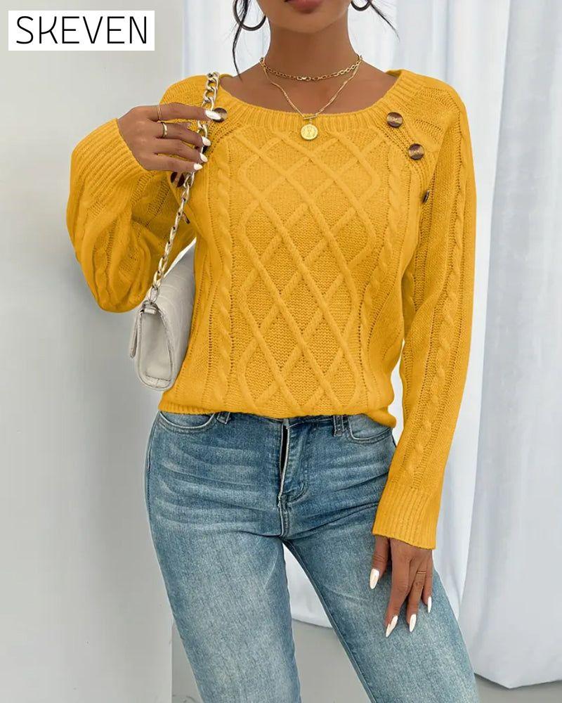 Solid Raglan Sleeve Buckle Cable Knit Jumper