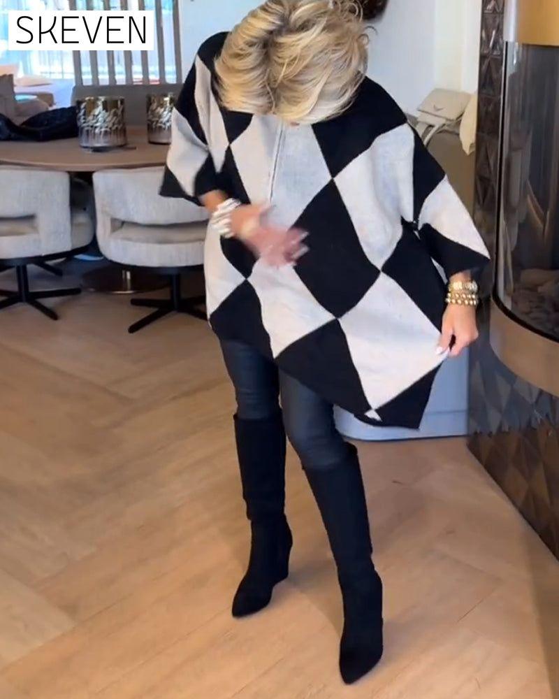 Stand-Up Collar Argyle Irregular Pullover