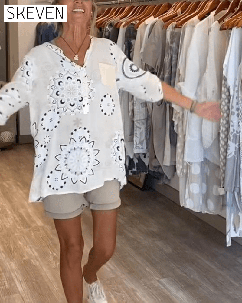 Versatile V-Neck Printed Half Sleeves Blouse