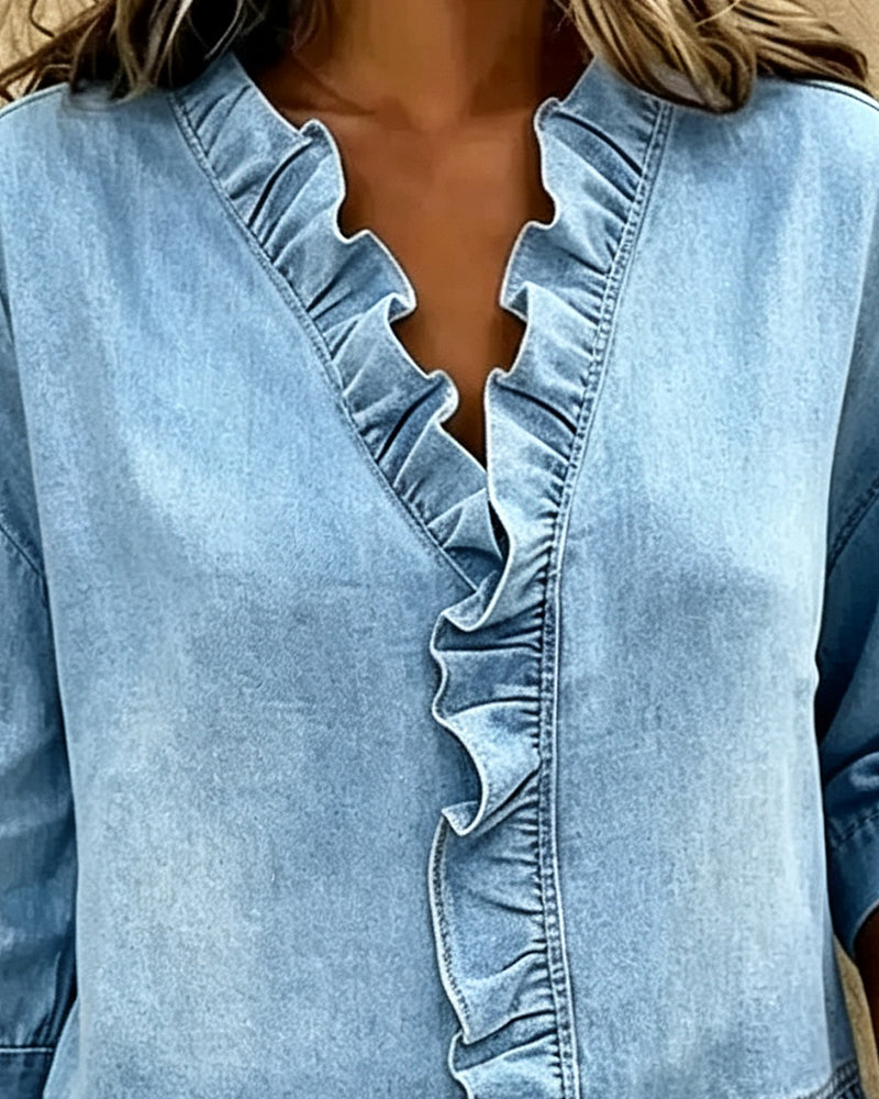 Ruffle V-Neck Three-Quarter Sleeve Denim Blouse
