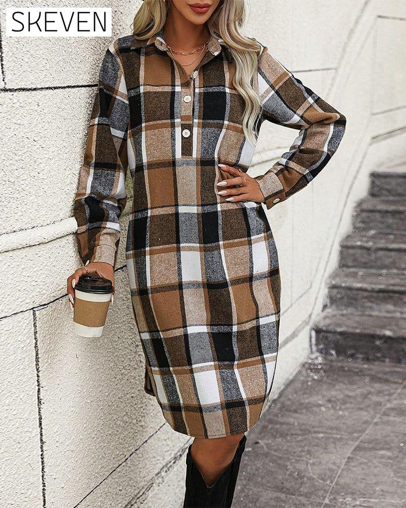 Plaid Lapel Shift Dress