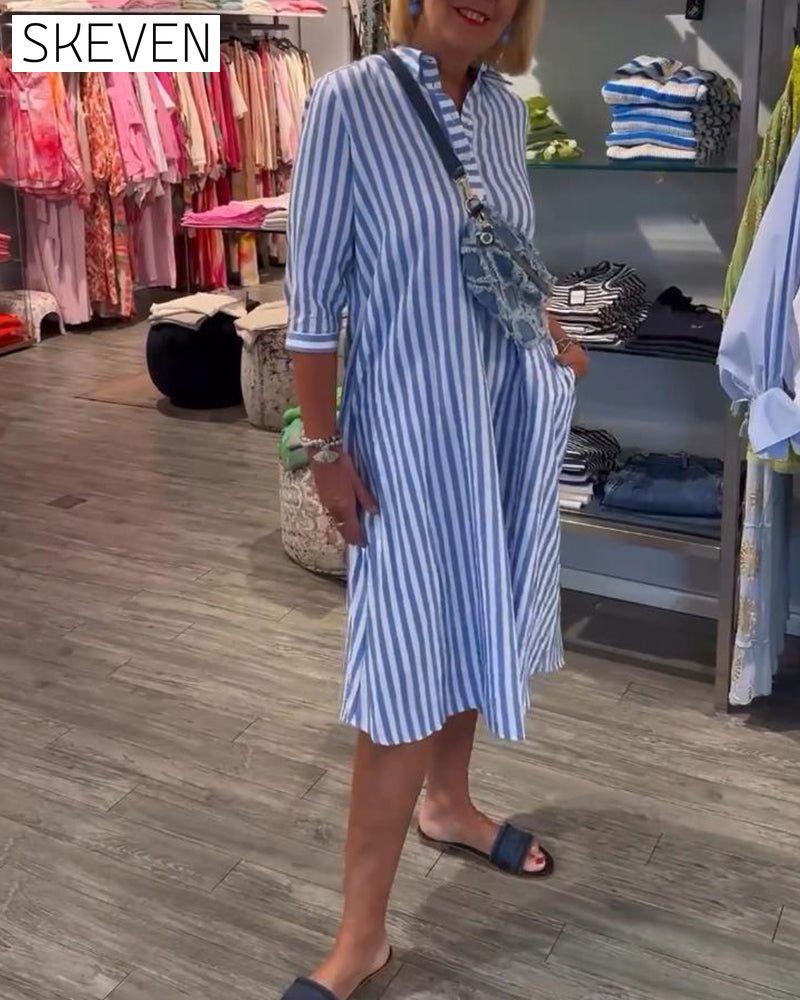 Stripe print lapel button dress