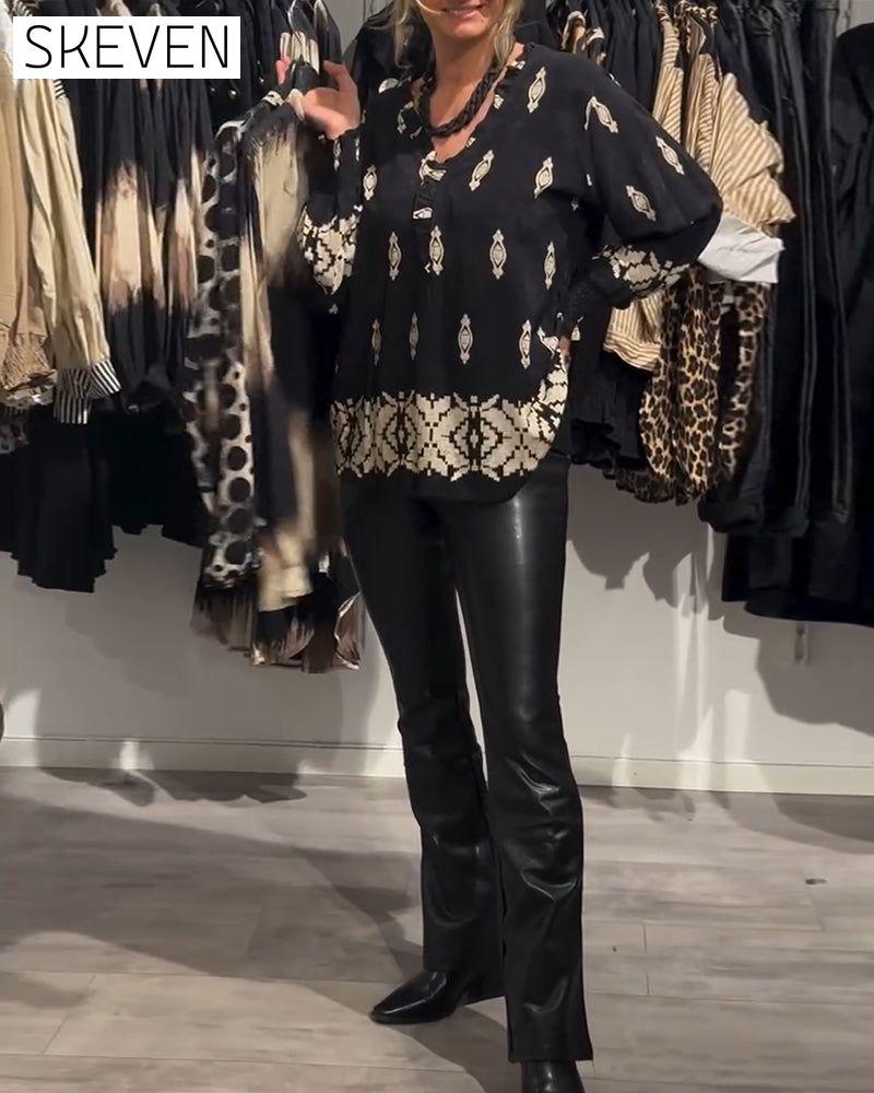 chemise imprimée à col en V et manches lanternes