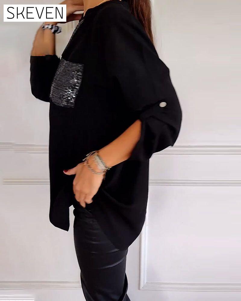 Paneled sequin button casual top