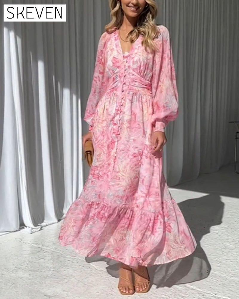 Gentle button print long dress casual dresses spring summer