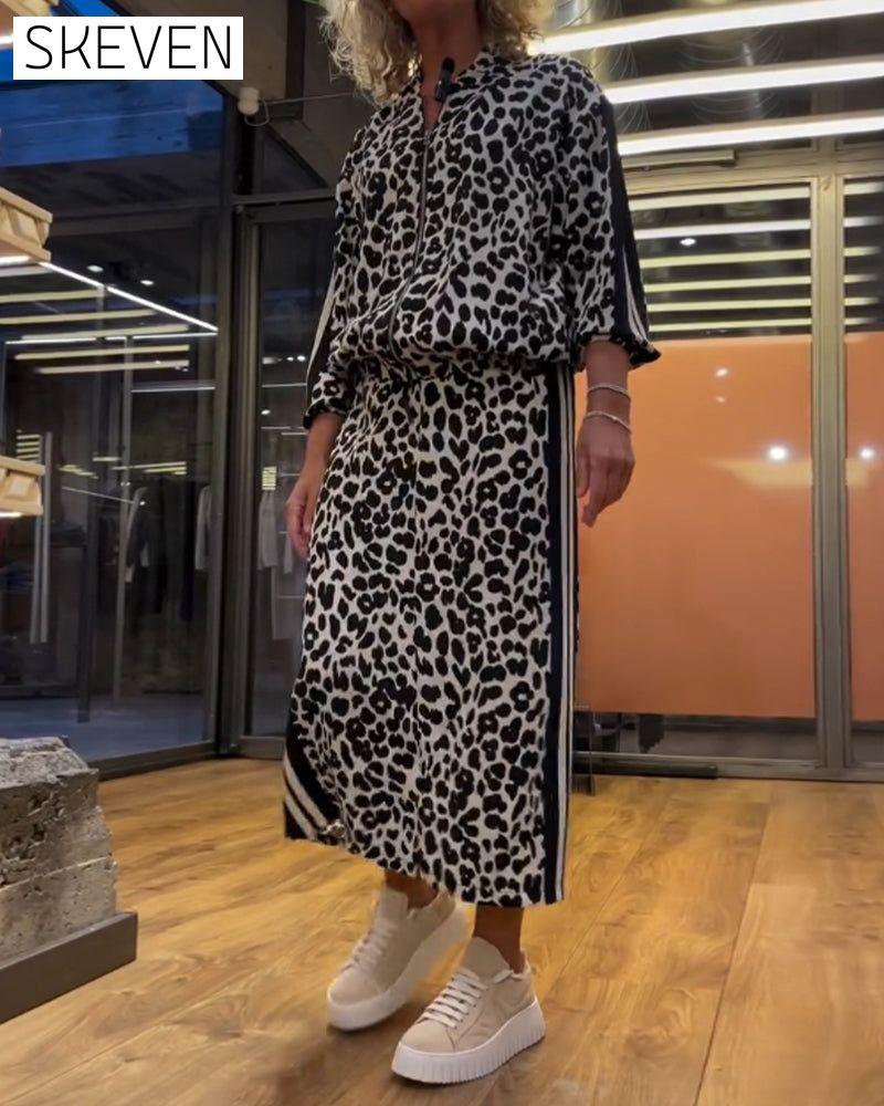 Leopard print striped skirt two-piece set