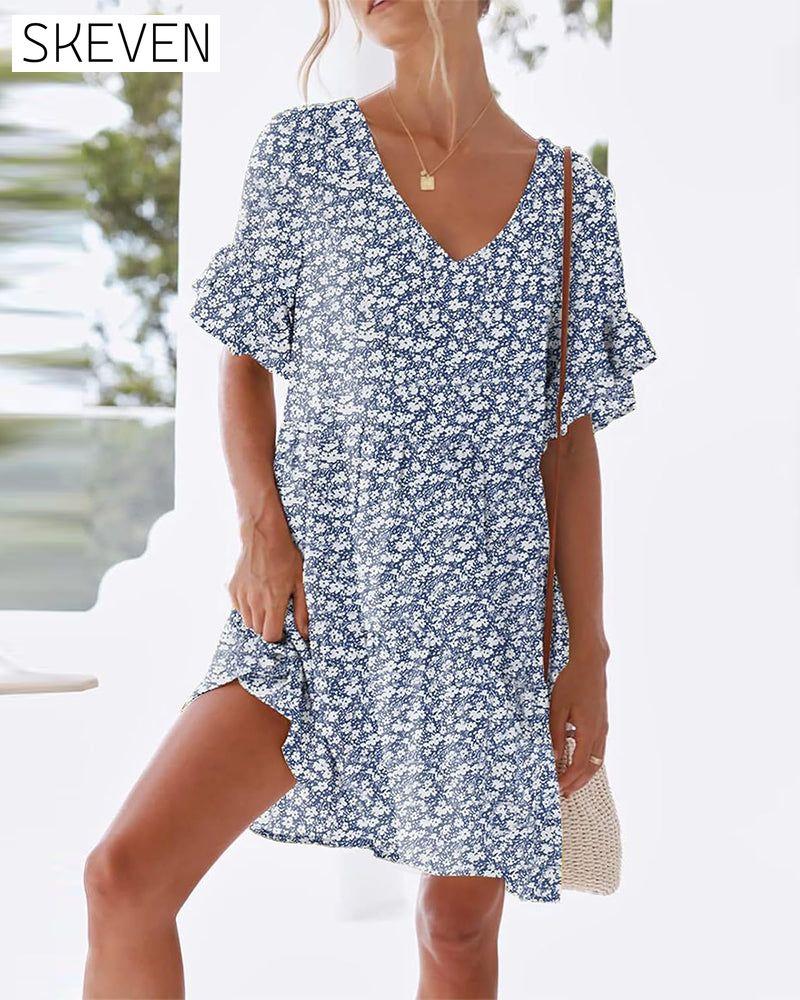Kleid mit Rüschenärmeln, V-Ausschnitt und Blumenmuster