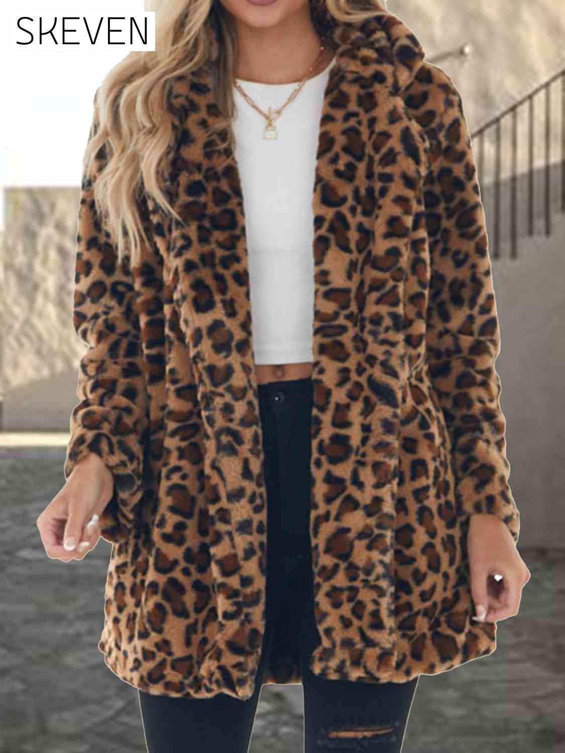 Leopard Collared Neck Coat with Pockets Coffee Brown clothes Jackets & Coats P@S Ship From Overseas