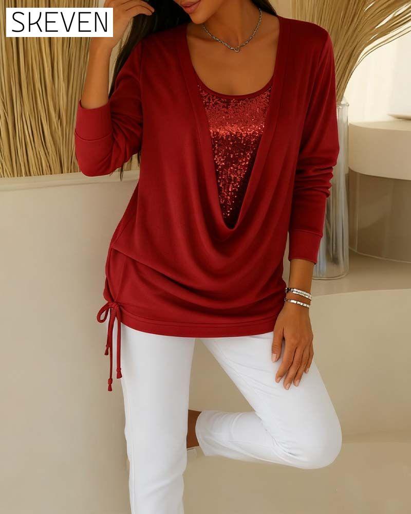 Sequin Contrast Color Faux Two-Piece Top