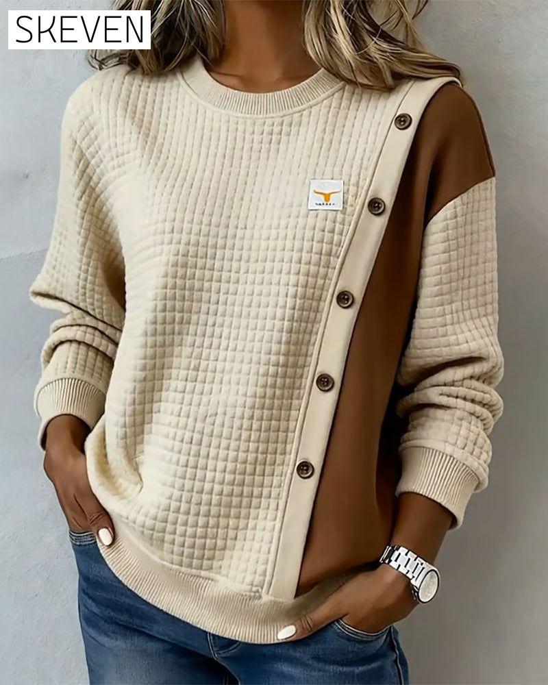 Long-Sleeved Waffle Color-Blocked Sweatshirt