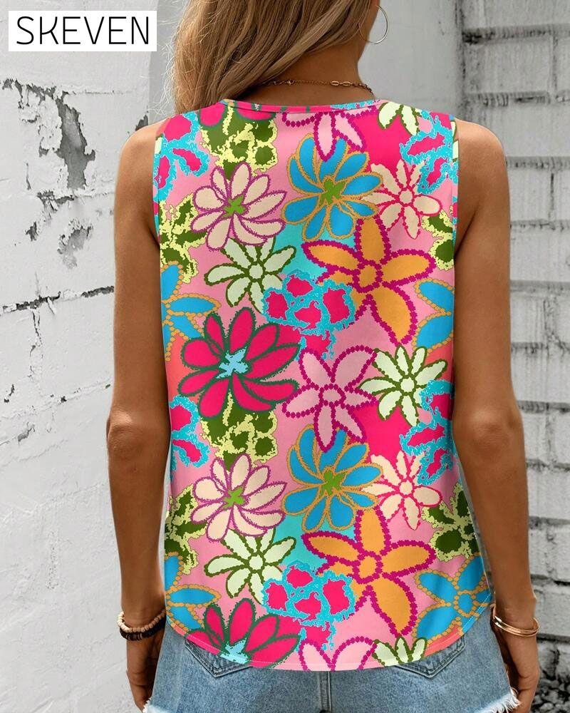 V-Neck Floral Print Sleeveless Vest