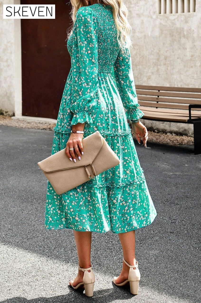Smocked Flounce Sleeve Midi Dress clothes DY Ship From Overseas trendsi