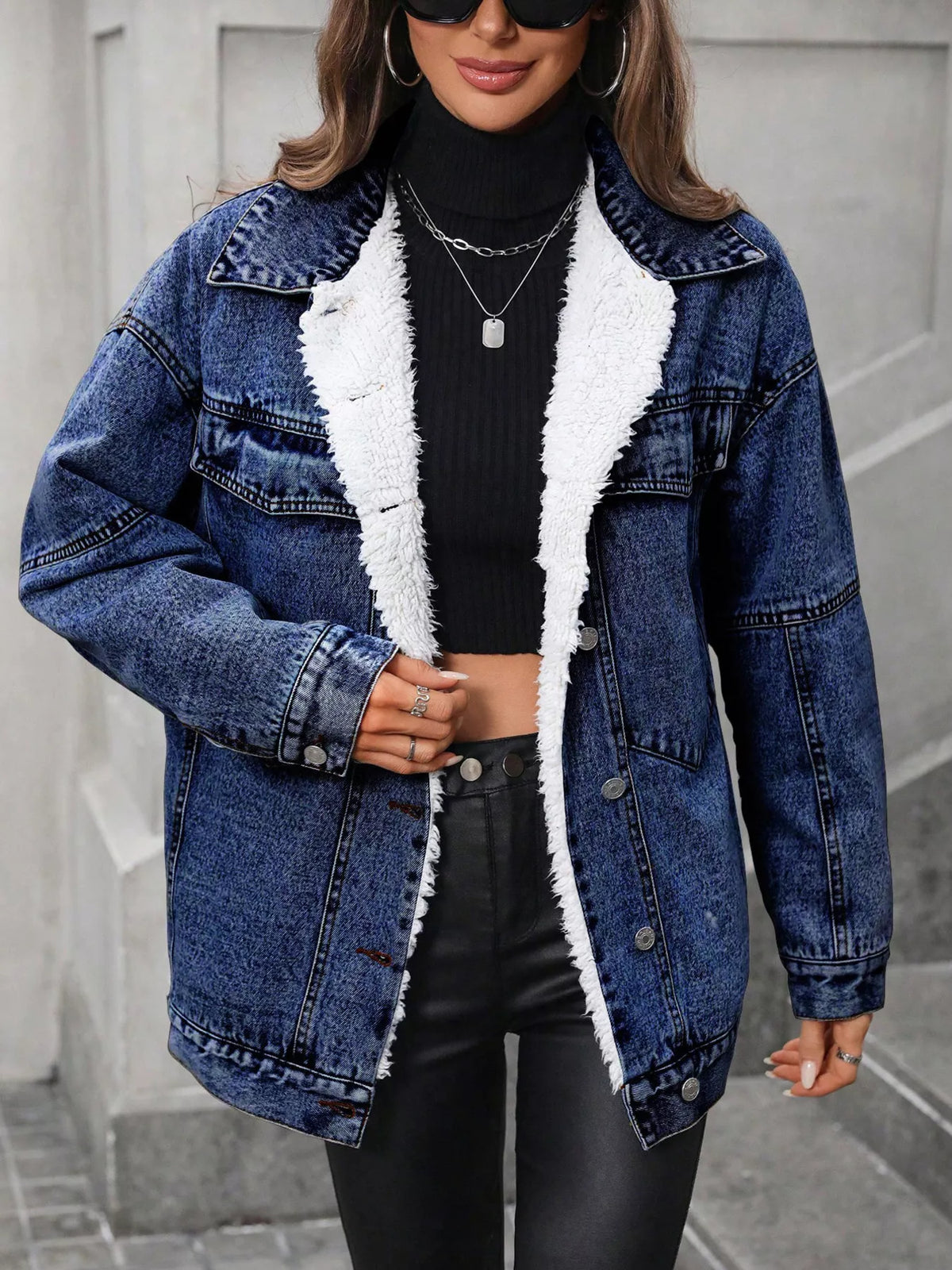 Sherpa-Lined Button Up Denim Jacket