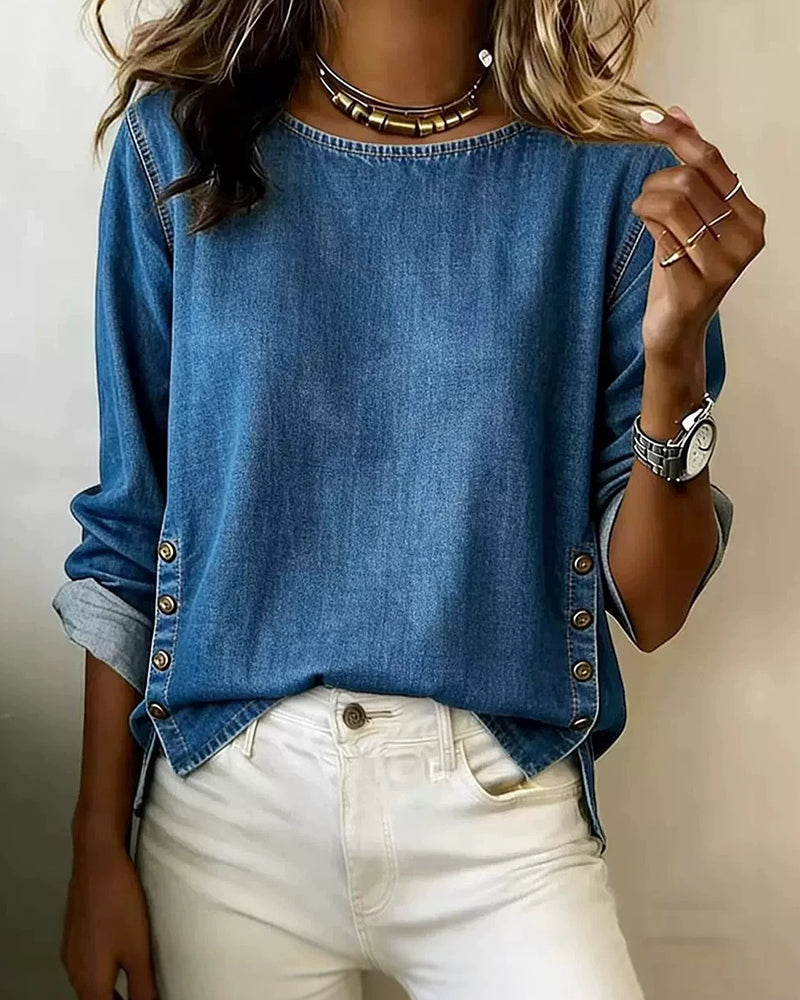 Round Neck Side Split Button Blouse