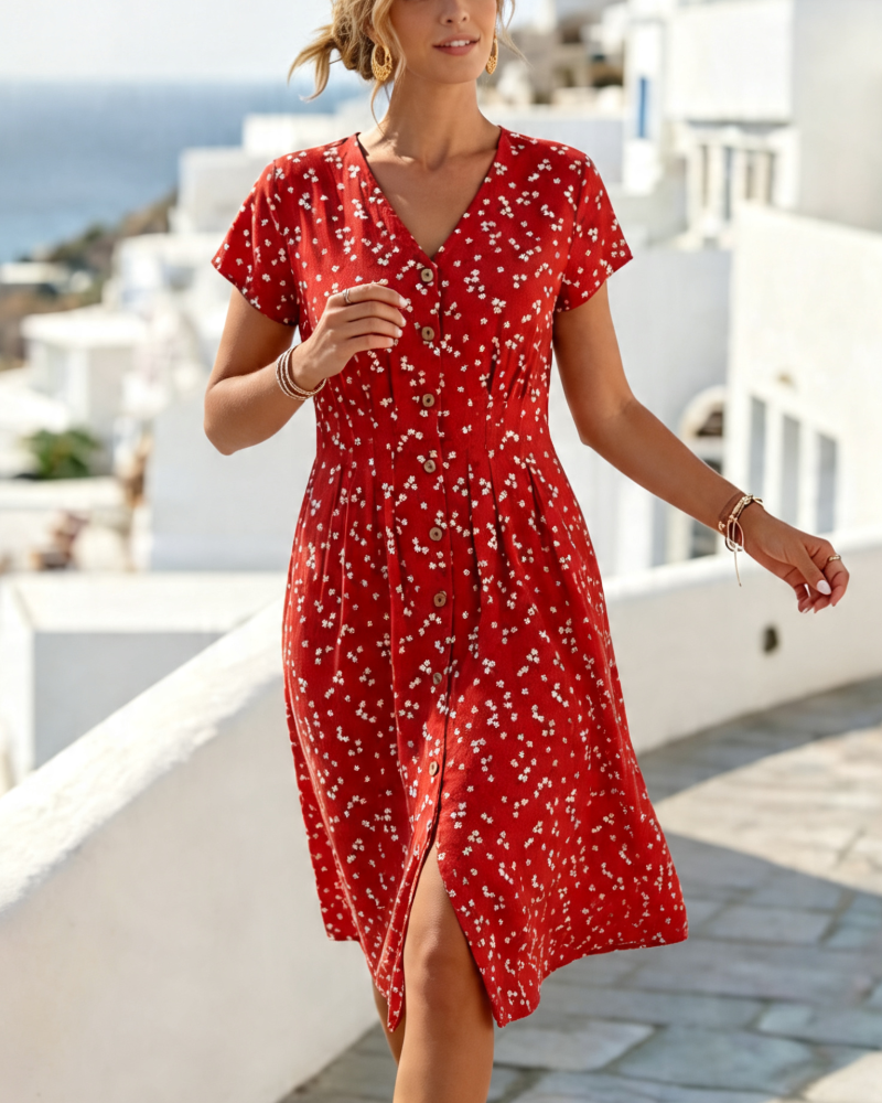 Floral Waist Tie V-Neck Dress