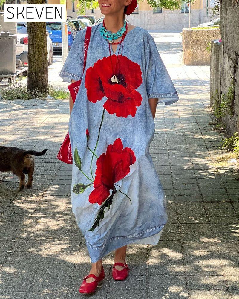 Casual floral print V-neck loose dress 202466 casual dresses spring summer
