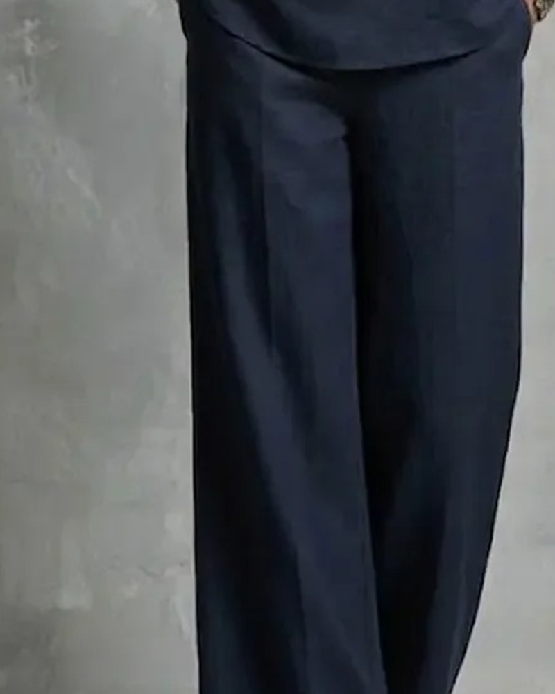 Solid Color Blouse & Wide-Leg Pants Set