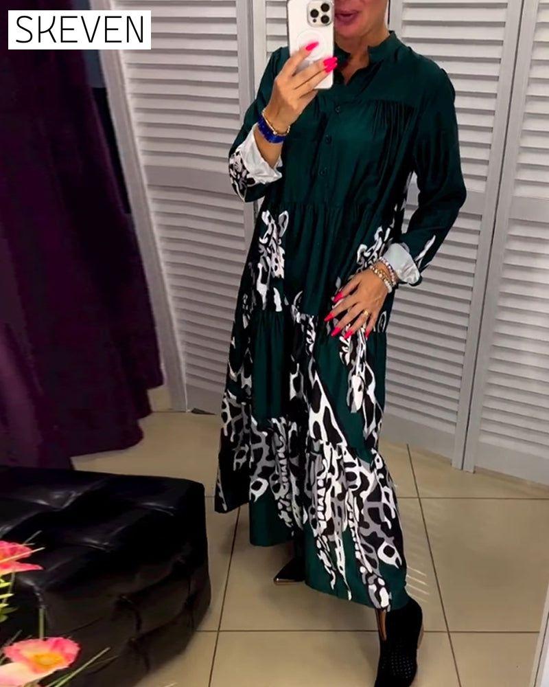 Printed button casual long dress