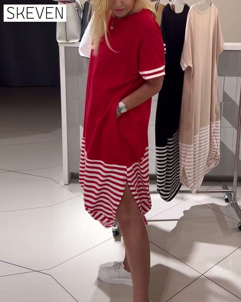 Contrast Stripe Short Sleeve Casual Dress