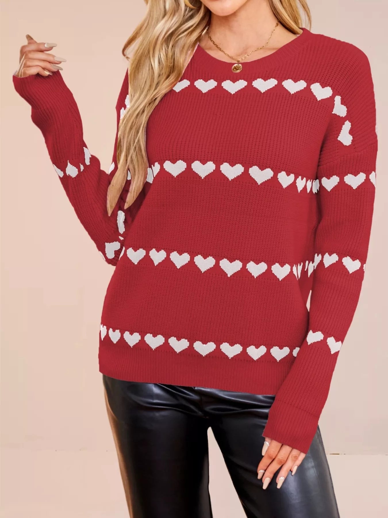 Heart Pattern Dropped Shoulder Sweater