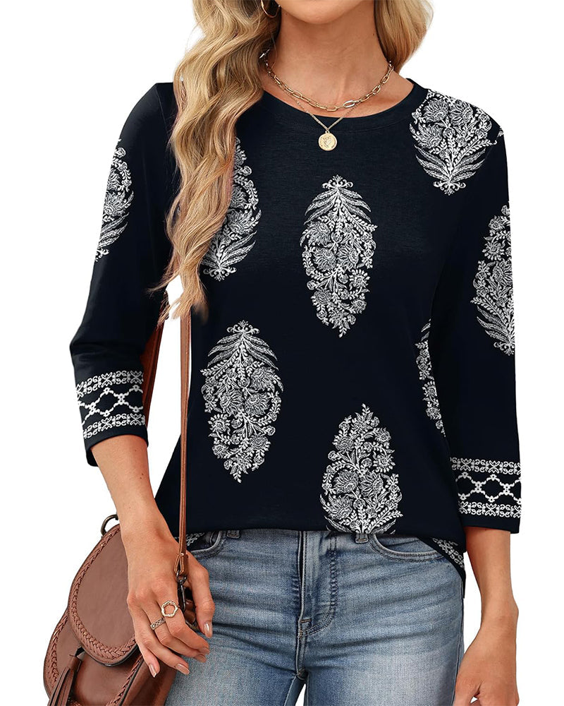 Printed Three-Quarter Sleeve Crew Neck Top