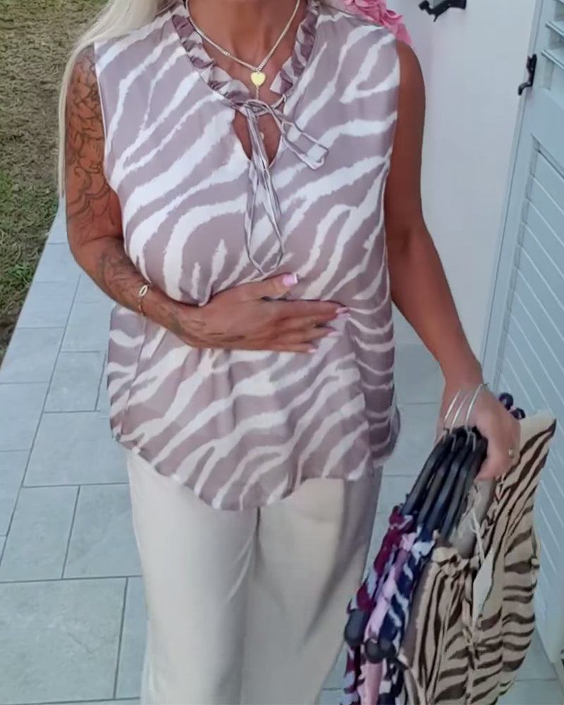 Zebra Print Sleeveless Ribbon Collar Blouse