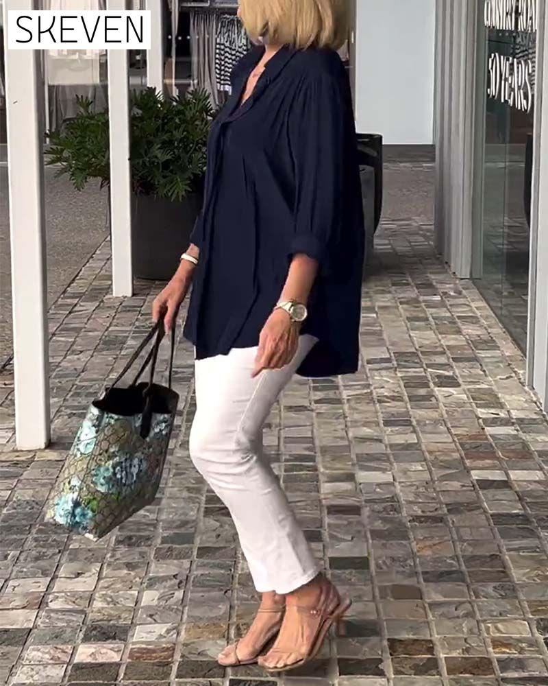 Lapel solid color loose blouse