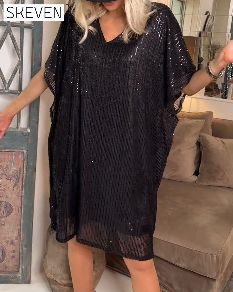 Paillettenbesetztes Freizeitkleid mit V-Ausschnitt