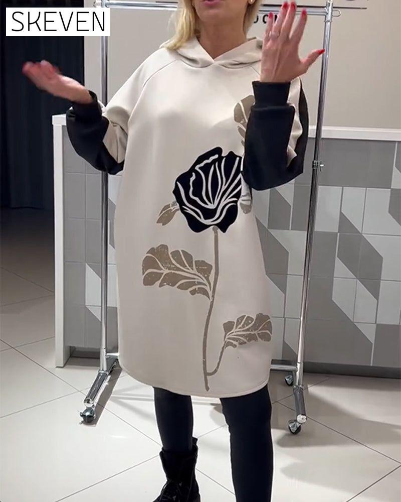 Hooded Color-Block Floral Print Dress