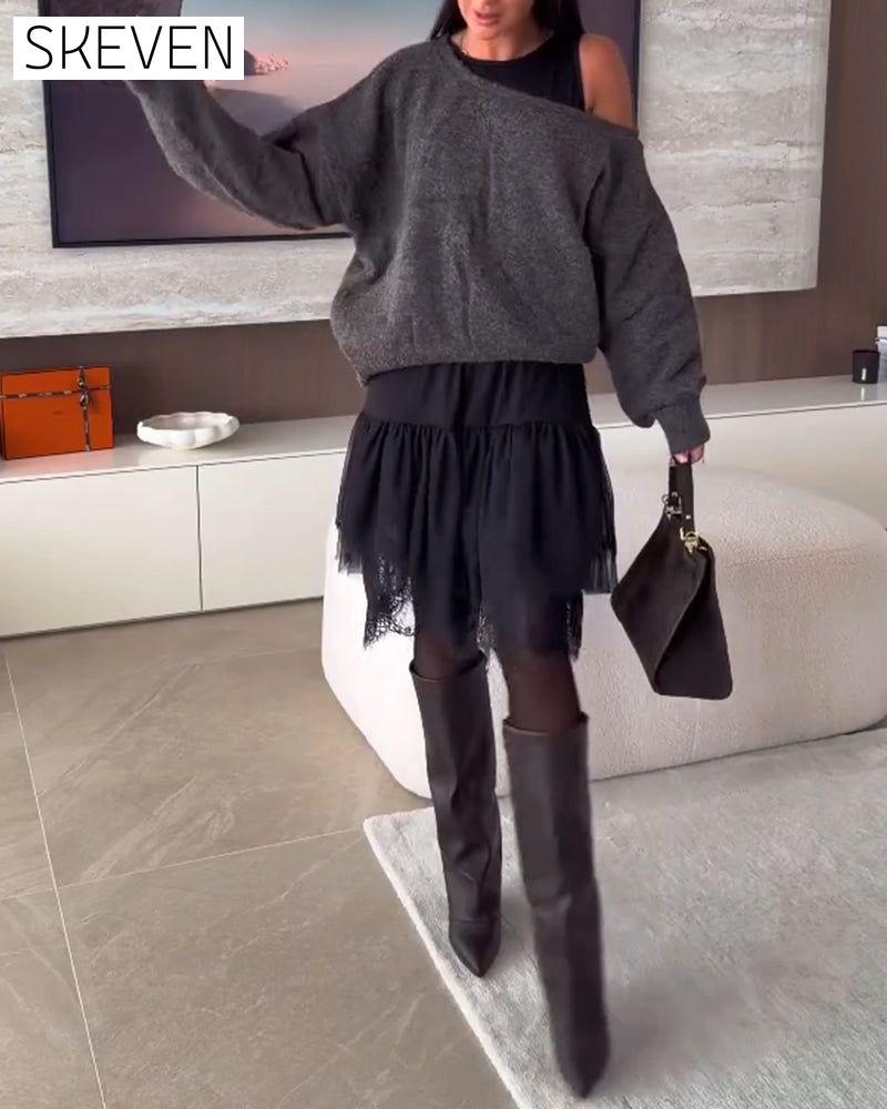 Robe pull ample à épaules dénudées et ourlet en dentelle