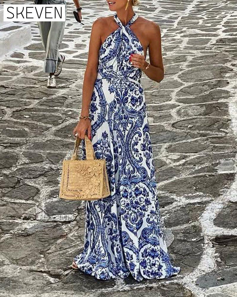 Airy Neckless Cashew Flower Long Dress