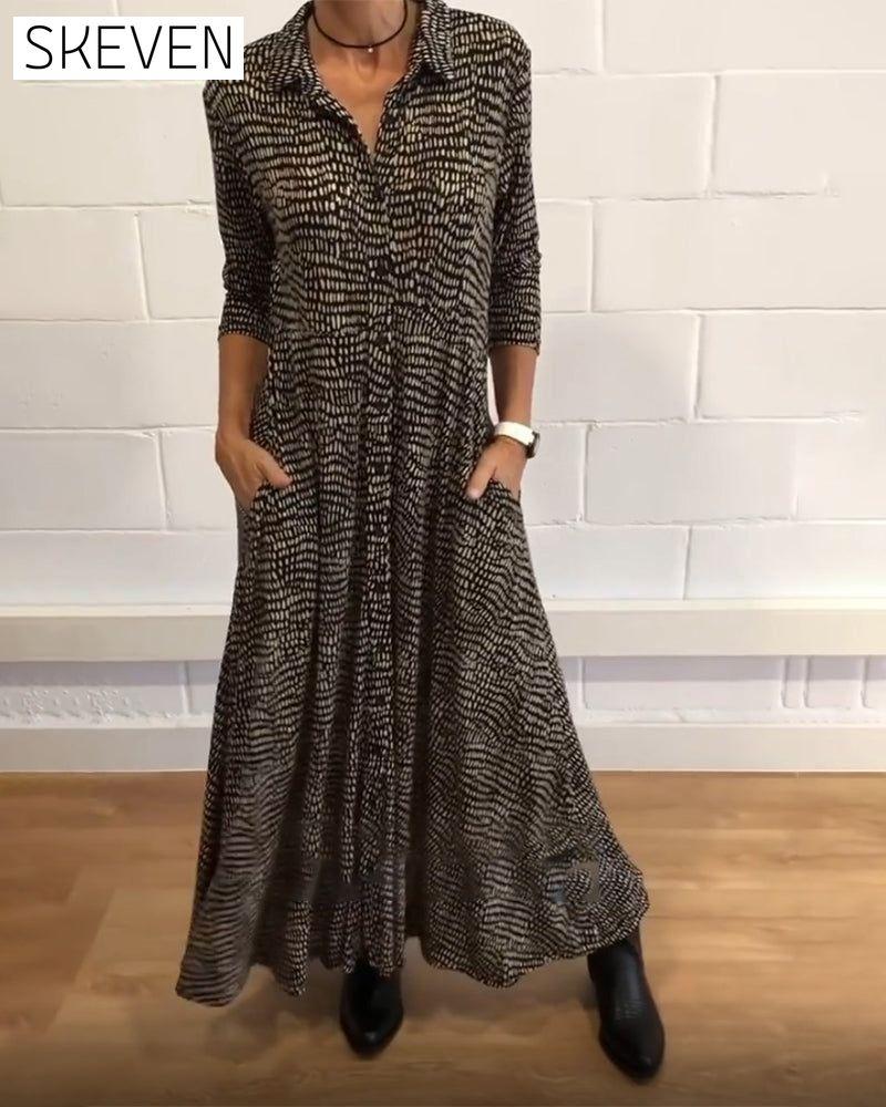 Printed lapel pocket dress Black 2023 f/w casual dresses Clothes discount Dresses spring