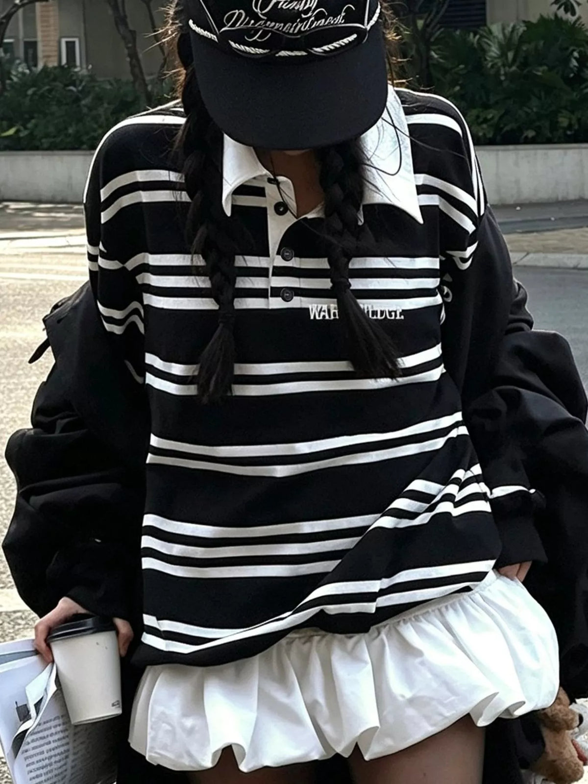 Oversized Striped  Contrast Collar Polo Top
