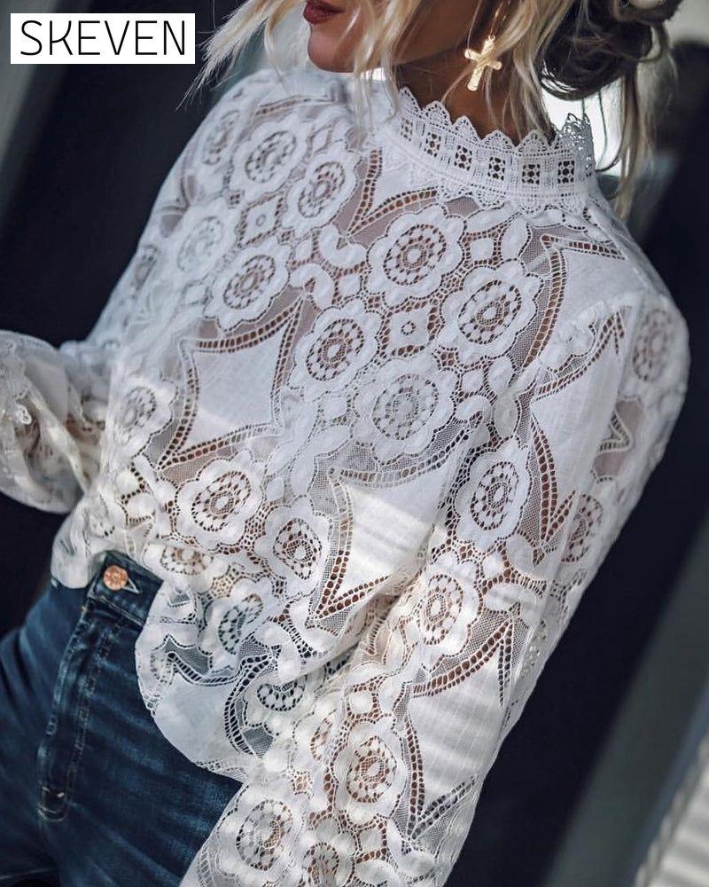 Sexy See-Through Long-Sleeved Stand-Collar Lace Blouse