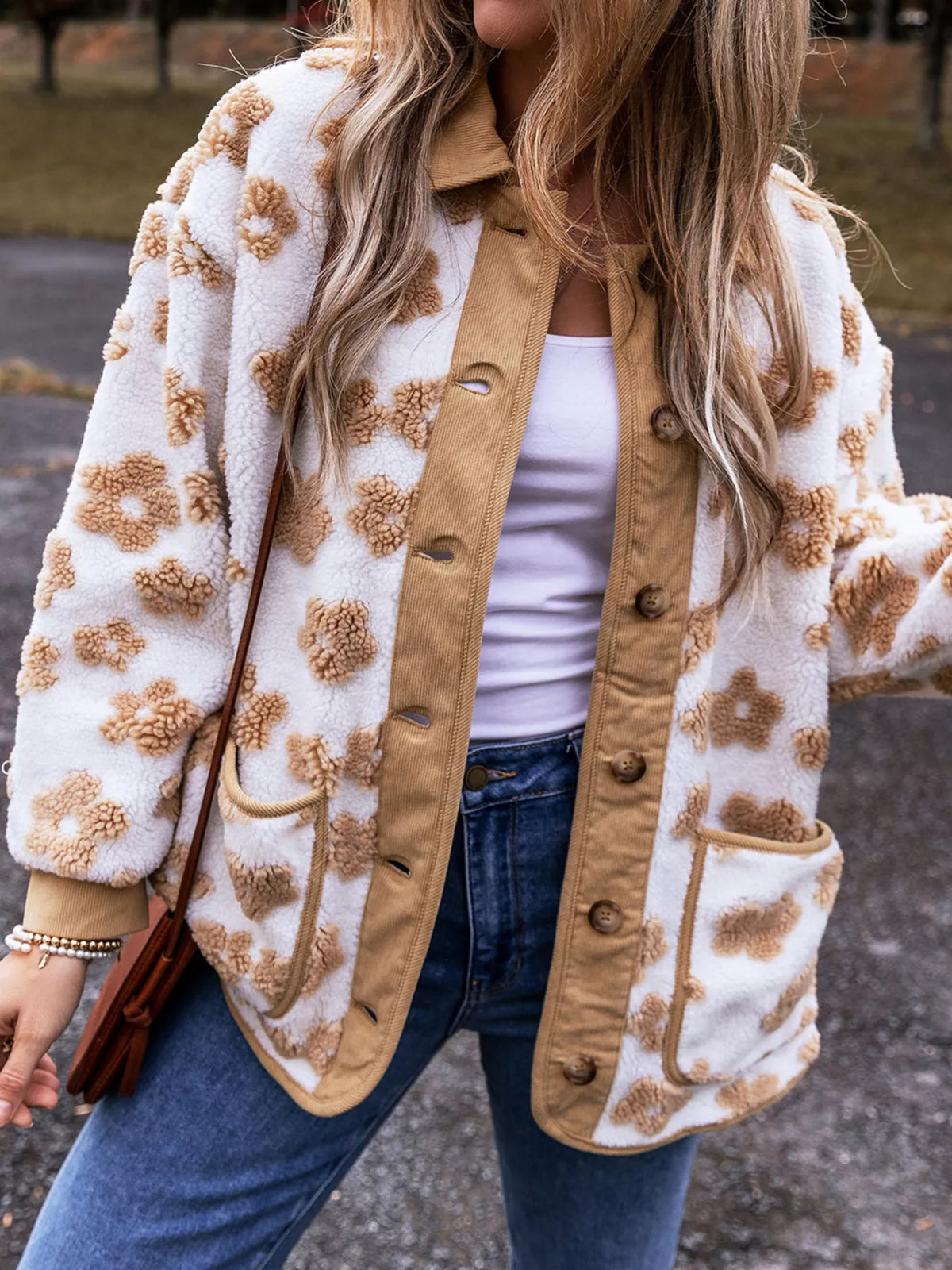 Flower Pattern Button Up Fleece Jacket