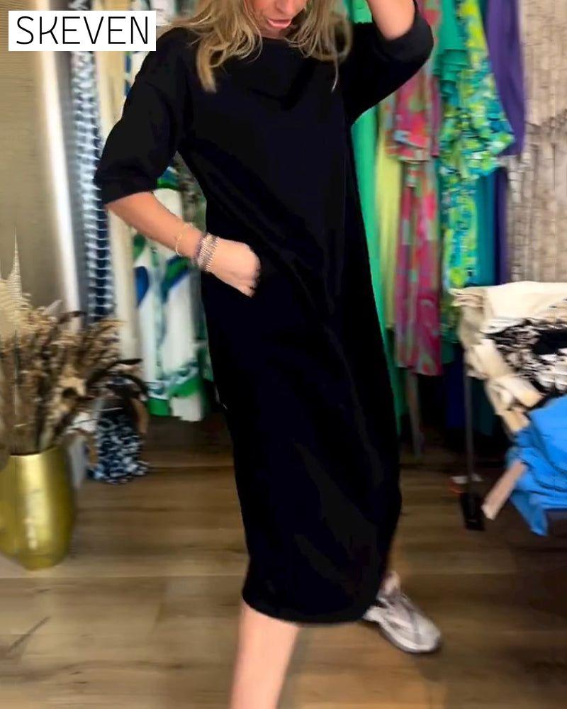 Solid Color Round Neck Dress