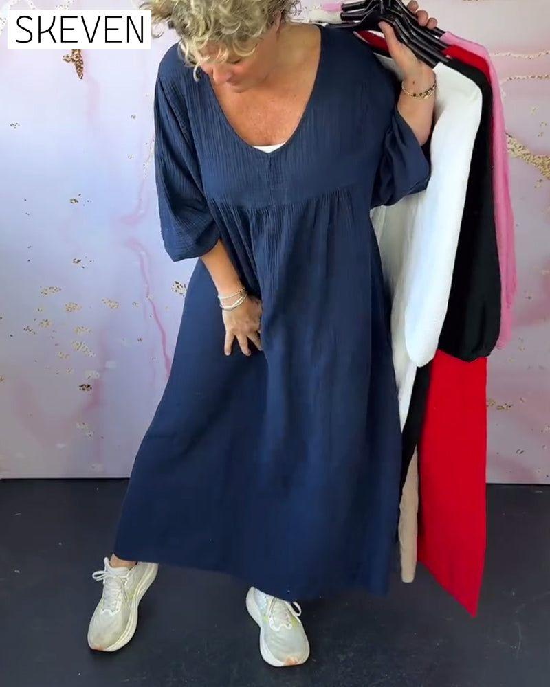 Kleid im Waldstil mit V-Ausschnitt, Falten und einfarbig