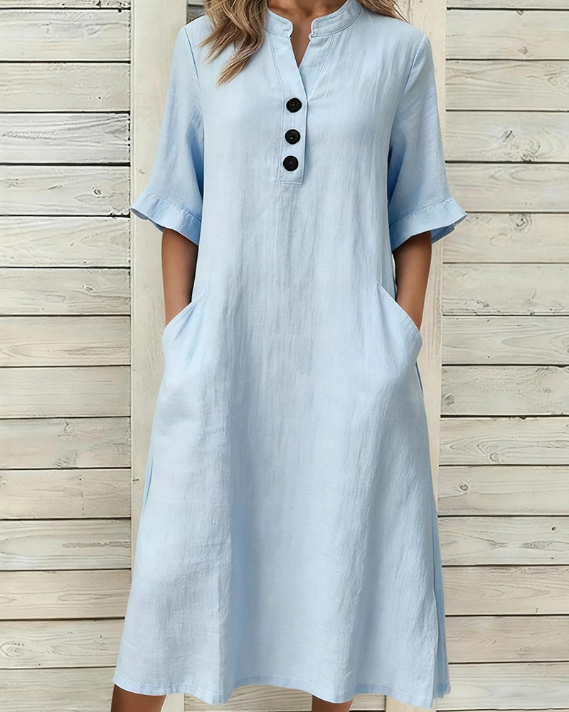 Linen Stand Collar Mid Sleeve Dress